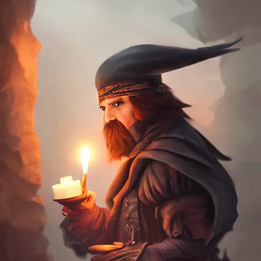 Image similar to a male pirate wearing a black sleeping cap with a puffball, holding a candle, wearing a flowing cape, portrait, d & d, science fiction, concept art, matte, sharp focus, illustration, concept art, jason chan, dan luvisi, karl thiart, uhd, 4 k, very detailed