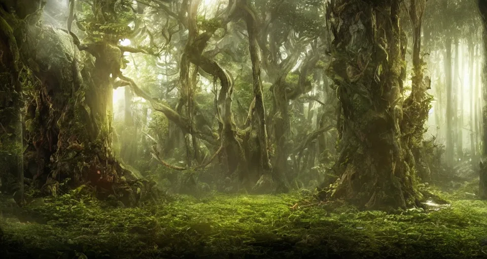 Image similar to Enchanted and magic forest, by Zack Snyder