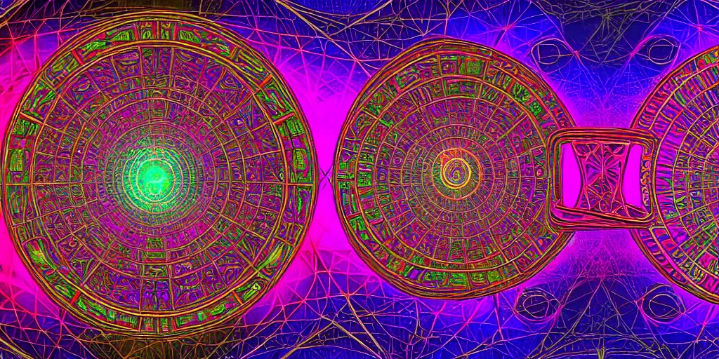 Prompt: dmt spirits, sacred euclidean geometric buildings housing dmt time elves, psychedelic architecture, soul frequency, 8 k resolution, highly detailed,