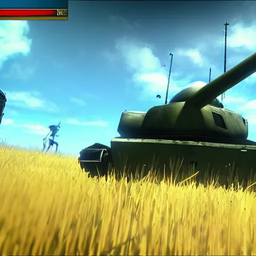 Image similar to russian tank boss fight from nier : automata in yellow rye field under pure blue skies