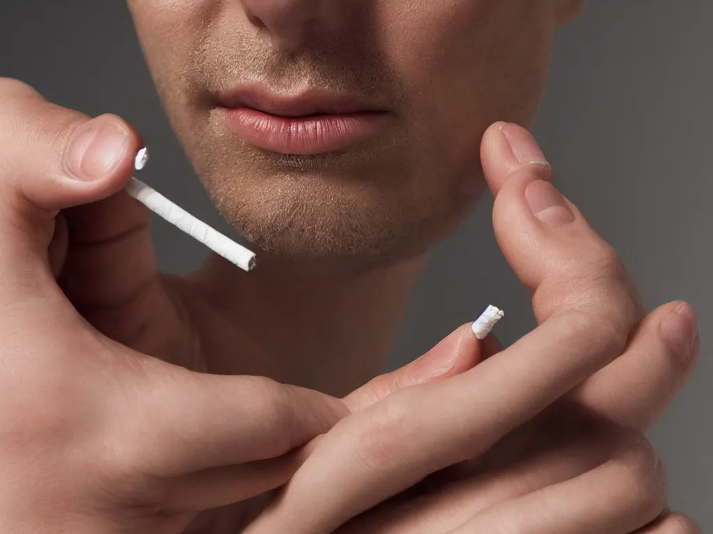 Prompt: Close-up view of hyperrealistic thin soft hand holding cigarette with smoke, by Martin Schoeller, hyper realism, 4K