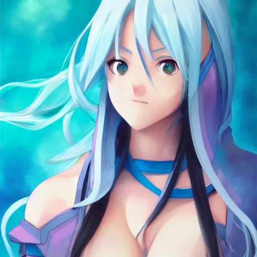 Prompt: aqua from konosuba, painting, cool color palette, detailed face, refreshing, soft lighting, by hayao myazaki, by wlop, by artgerm