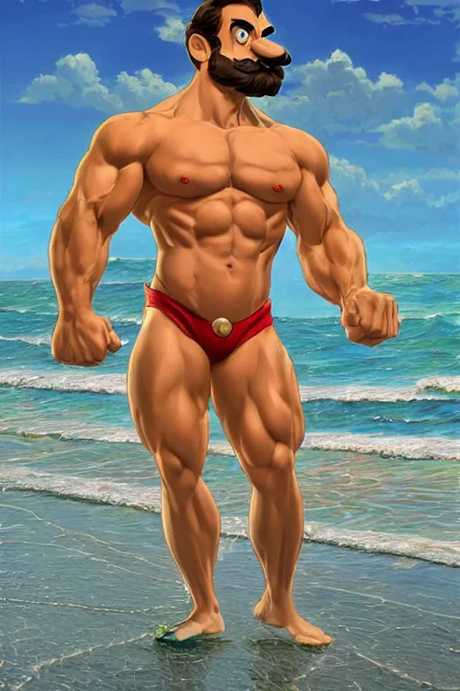 Image similar to luigi as bodybuilder gigachad at the beach by ilya kuvshinov, ernest khalimov body, super mario bros symmetrical face concept art, hyper realistic, intricate, elegent, highly detailed, digital painting, concept art, smooth, sharp, focus, illustration, art by artgerm and greg rutkowski and alphonse mucha, artstation