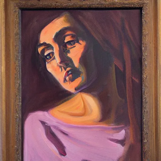 Image similar to scared woman staring up, oil painting, oil in canvas, brushstrokes