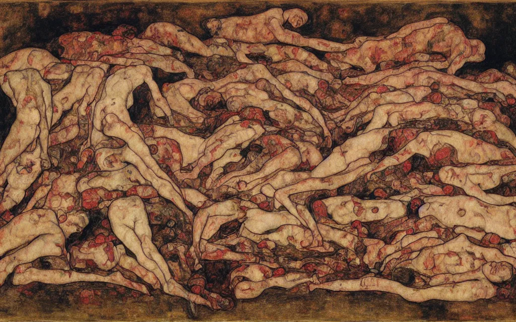 Image similar to a painting of a pile of bodies by egon schiele with influence of zdzisław beksinski, alfred kubin, oskar kokoschka, and egon schiele