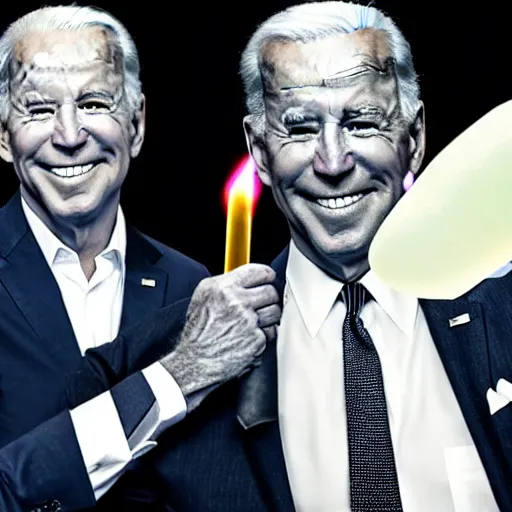 Image similar to UHD candid photo of Joe Biden holding up a big quartz crystal with Hunter Biden holding a torch, UHD, photorealistic, correct face, photo by Annie Leibowitz