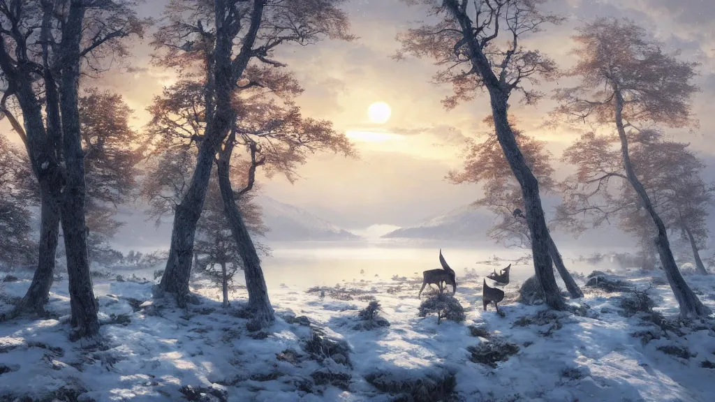 Image similar to the most beautiful panoramic landscape, oil painting, where a giant dreamy lake is frozen, the trees around have snow over their leafs, a majestic deer is exhaling steam and the ray lights of the sunrise are brightening him, by greg rutkowski