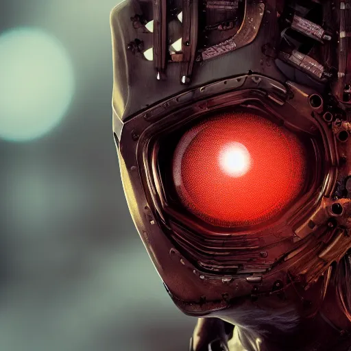 Image similar to a hyperrealistic picture of a humanoid android with human features but hollow glowing eyes steampunk bokeh film grain