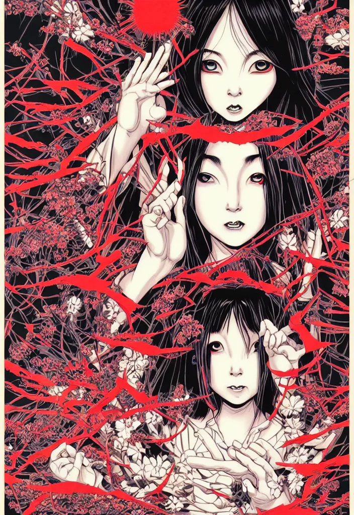 Image similar to a comic book style japanese horror poster of girl with large eyes in front of a shrine by dan mumford, yusuke murata and junji ito, blood lines, yokai, shinigami, exorcism, kami, eyes, shurikens, kanji, kaiju, 8k, unreal engine, trending on artstation, pixiv, intricate details, volumetric lighting