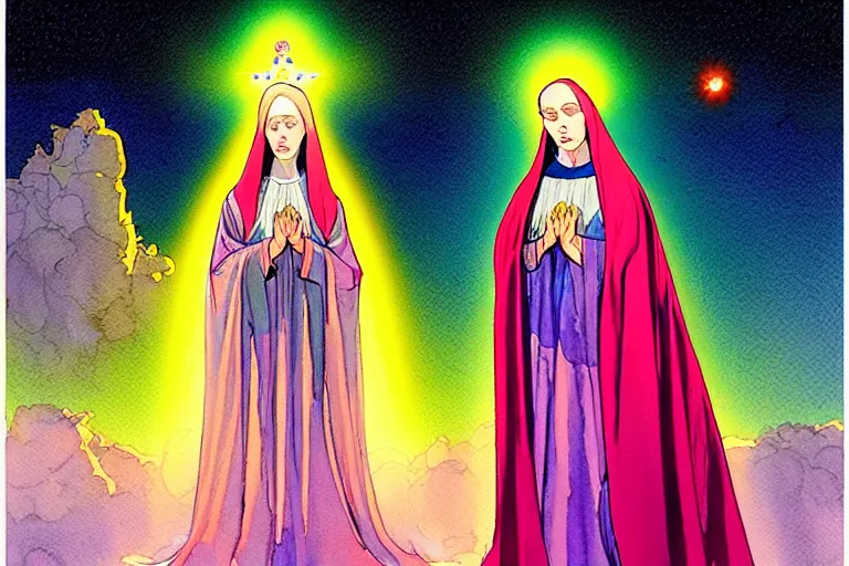 Image similar to a hyperrealist watercolour character concept art portrait of the blessed mary in rainbow gown on well lit night in las vegas, nevada. there is a ufo. neon roses. by rebecca guay, michael kaluta, charles vess and jean moebius giraud