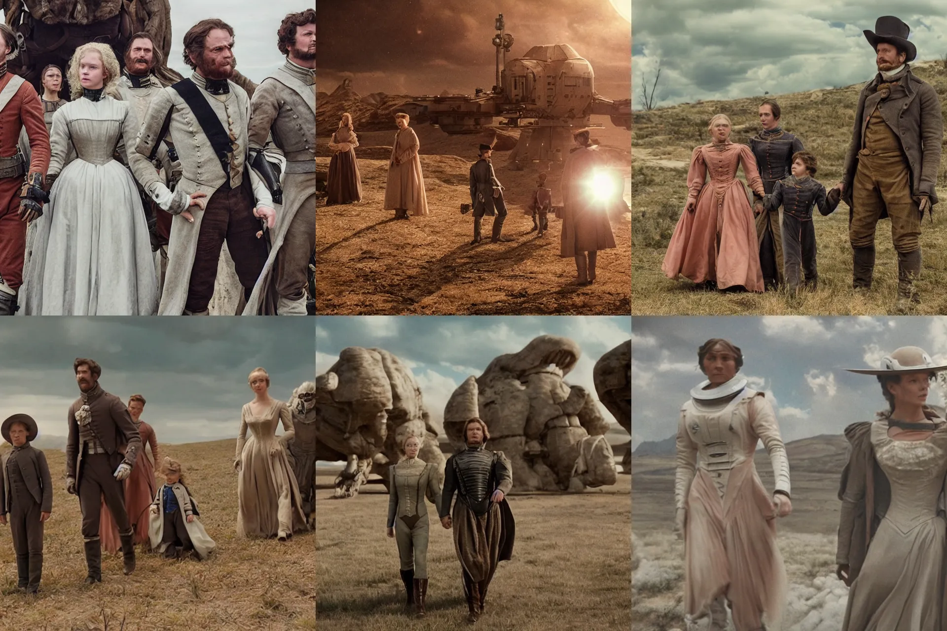 Prompt: 70mm still from a sci fi blockbuster movie made in 2022, set in 1860, of a family leaving a spaceship, that has just landed on an alien planet, wearing 1850s era clothes, good lighting, 4k, HD, in focus, detailed