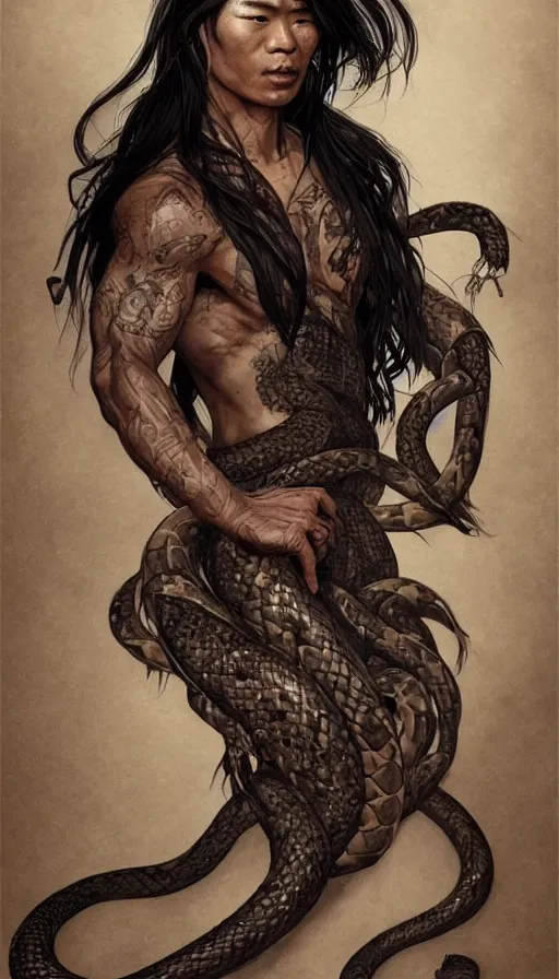 Image similar to portrait of muscular asian snake tamer, with a big snake tattoo around his body, mischievous, expressive pose, peaceful expression, dark gothic dress, fantasy, intricate, dark forest background, highly detailed, digital painting, artstation, concept art, smooth, sharp focus, illustration, art by artgerm and greg rutkowski and alphonse mucha