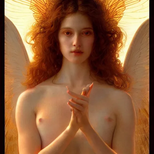 Image similar to epic masterpiece full body portrait a beautiful female angel, flawless skin, perfect body, perfectly formed translucent wings, golden light rays, by Edgar Maxence and Ross Tran and Michael Whelan