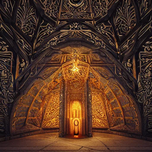 Image similar to Photorealistic magic elven temple made of intricately woven birch woodwork. Hyperdetailed photorealism, 108 megapixels, amazing depth, glowing rich colors, powerful imagery, psychedelic Overtones, 3D finalrender, 3d shading, cinematic lighting, artstation concept art