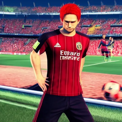 Prompt: a screenshot of red haired shanks onepiece in fifa 2 2, ea games, rtx, nvidia geforce, best graphics