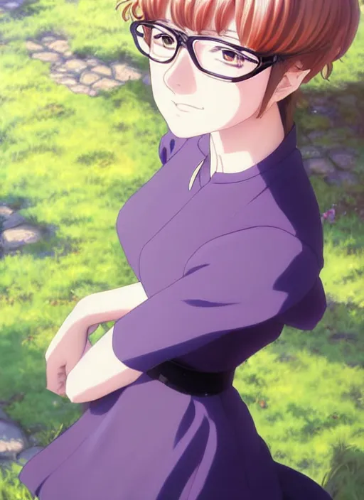 Image similar to Painting of Velma Dinkley in the style of Violet Evergarden, beautiful anime art style, winged eyelashes, countryside, calm, fantasy character portrait, dark outlines, dynamic pose, above view, sunny day, artwork by Makoto Shinkai, very coherent asymmetrical artwork, sharp edges, perfect face, simple form, 100mm