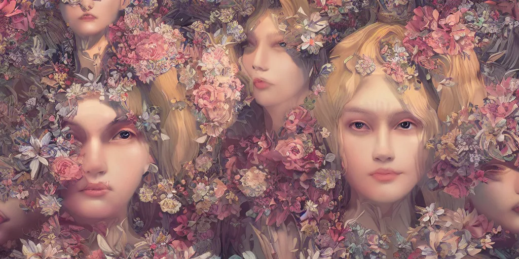 Image similar to breathtaking detailed concept art painting kaleidoscope art deco pattern of blonde faces goddesses amalmation flowers, by hsiao - ron cheng, bizarre compositions, exquisite detail, extremely moody lighting, 8 k