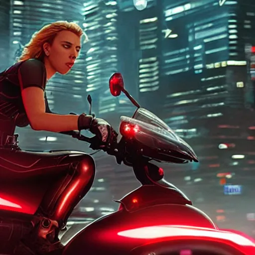 Image similar to scarlett johansson riding a futuristic motorbike in cyberpunk city, realistic, cinematic, hdr