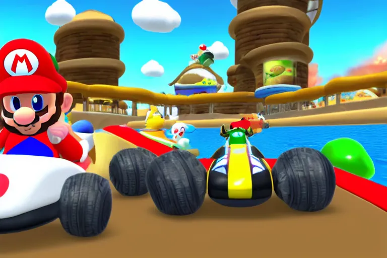 Prompt: whale driving a kart in mario kart double dash, mario kart screenshot, whale drving a kart