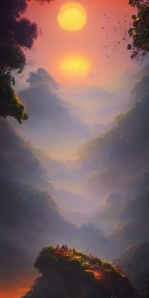 Prompt: Detailed landscape of lush Bali Terraces, Evening, sunset, orange skies, rising planet, floating rocks, nebula sky, stunning atmosphere, in Style of Peter Mohrbacher, cinematic lighting