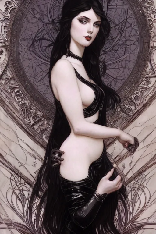 Image similar to Beautiful pale gothic girl in black latex intricate, elegant, highly detailed, digital painting, artstation, concept art, smooth, sharp focus, illustration, art by artgerm and greg rutkowski and alphonse mucha