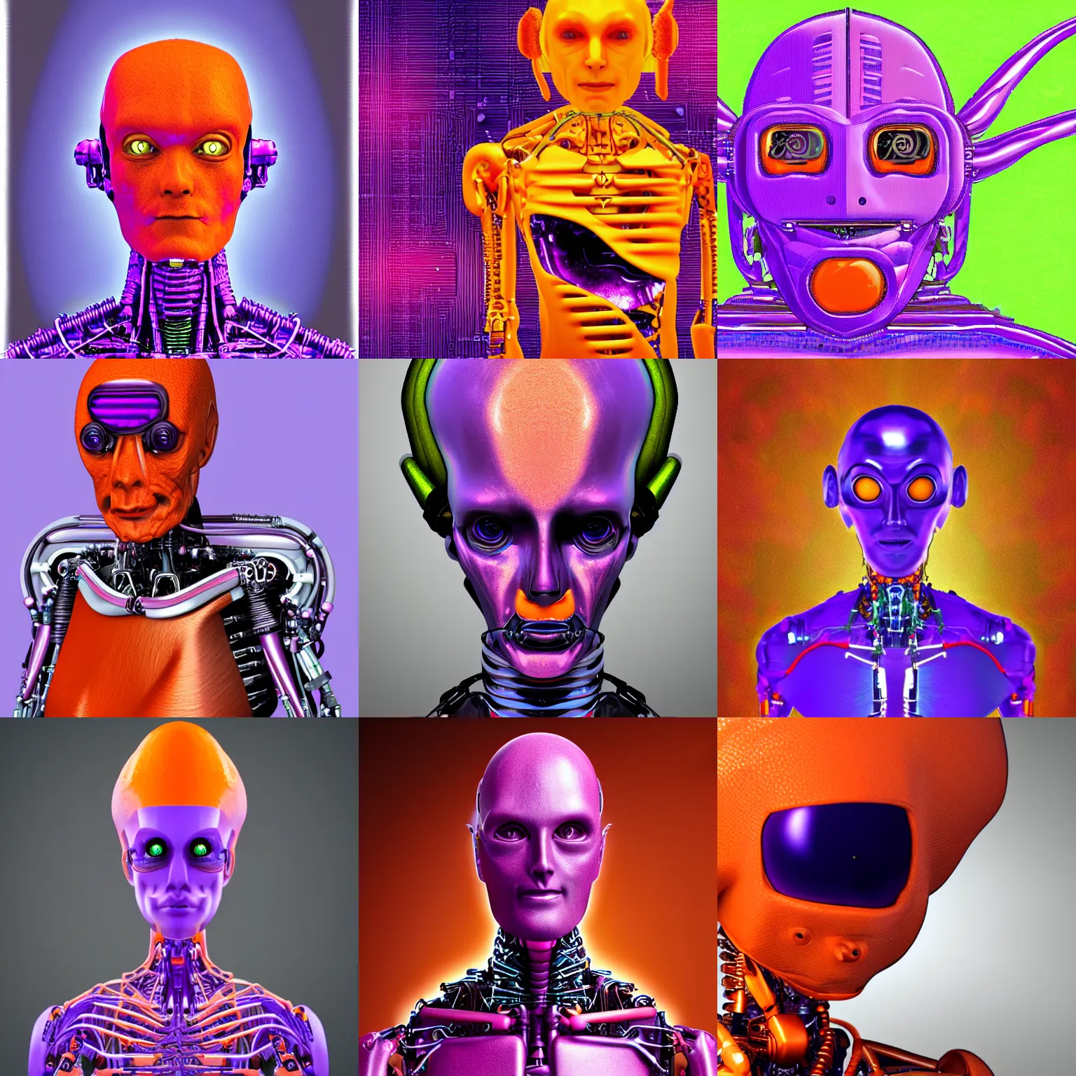 Prompt: Portrait photo of an orange and purple alien, cybernetic modifications
