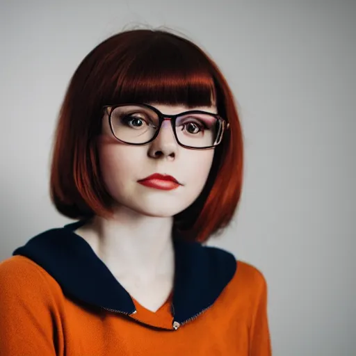 Image similar to dslr photo of velma dinkley, portrait photo, real photo, real camera, extreme detailed face and body, high quality, moody lighting, fast paced lines, sharp quality, enchanting lighting, 8 k