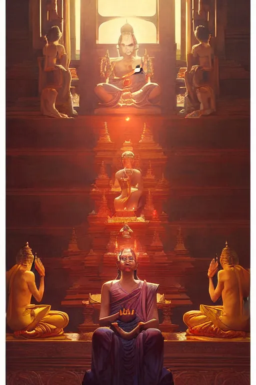 Image similar to temple, buddhism, painting by greg rutkowski, j. c. leyendecker, artgerm