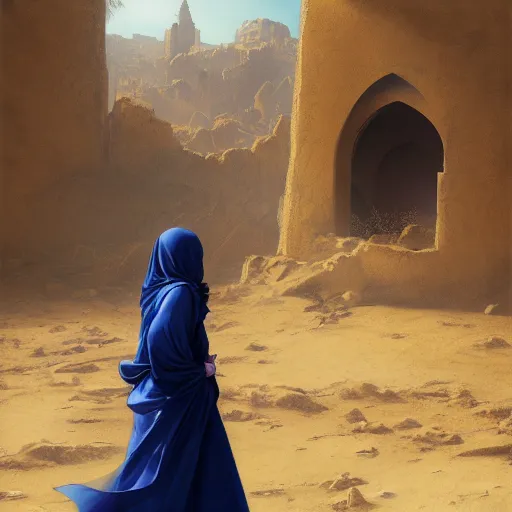 Prompt: a middle - eastern female cleric with straight black hair wearing blue and yellow vestments exploring a village in a desert, fantasy, highly detailed, digital painting, artstation, concept art, character art, art by greg rutkowski and tyler jacobson and alphonse mucha