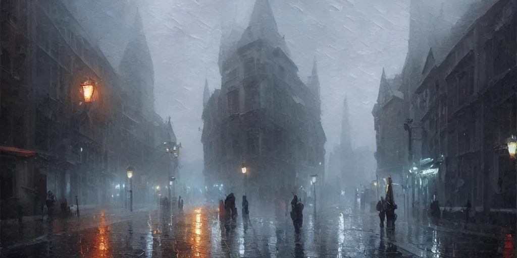 Image similar to an oil painting of a downpour in the middle of the street of a medieval city, moody lighting, fog, dark fantasy, by greg rutkowski, trending on artstation