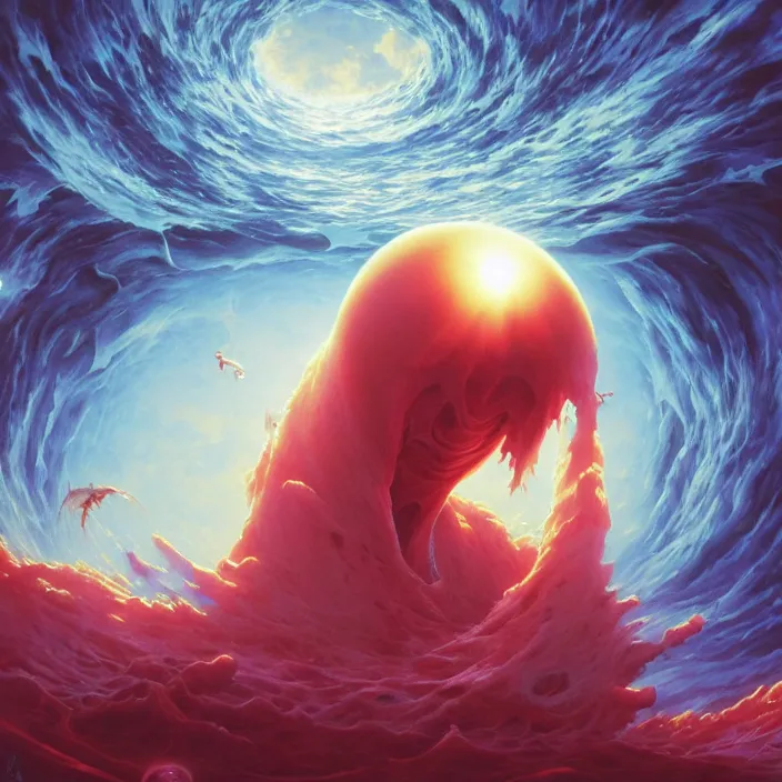 Image similar to Mayer Re-l, official anime key media, close up of Iwakura Lain, LSD Dream Emulator, paranoiascape ps1, official anime key media, painting by Vladimir Volegov, beksinski and dan mumford, giygas, technological rings, johfra bosschart, Leviathan awakening from Japan in a Radially Symmetric Alien Megastructure turbulent bismuth glitchart, Atmospheric Cinematic Environmental & Architectural Design Concept Art by Tom Bagshaw Jana Schirmer Jared Exposure to Cyannic Energy, Darksouls Concept art by Finnian Macmanus