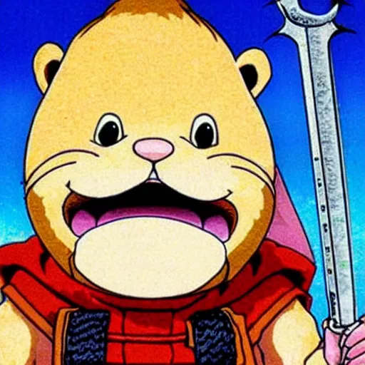 Image similar to Akira Toriyama’s original design for the beloved anthropomorphic beaver, who is also a medieval holy crusader knight, holding enormous sword