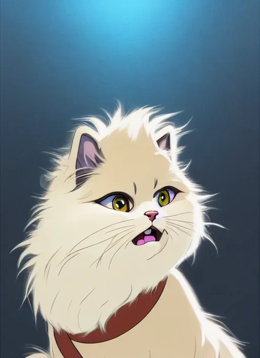 Image similar to teen boy with brown hair and big blue eyes, wearing a hoodie, fluffy white persian cat, natural lighting, path traced, highly detailed, high quality, cartoon, digital painting, by don bluth and ross tran and studio ghibli and alphonse mucha