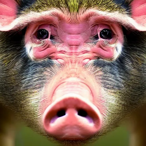 Image similar to pig monkey hybrid, bold natural colors, national geographic photography, masterpiece, full shot