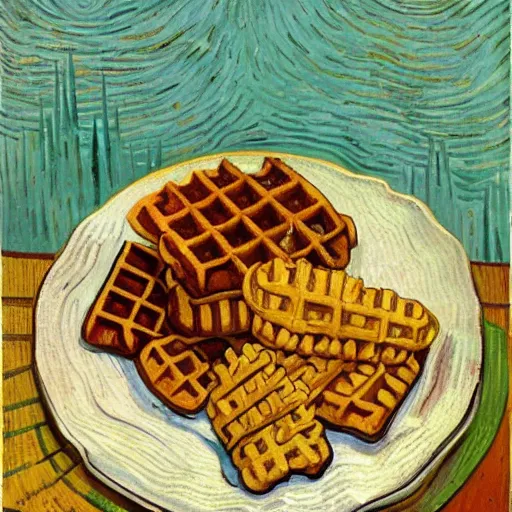 Prompt: an very delicious plate of waffles with maple syrup painted by Vincent van Gogh