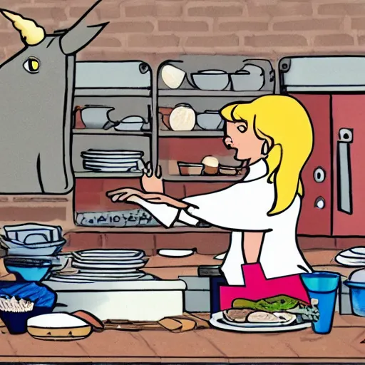 Image similar to A unicorn working as a chef, Animated Still