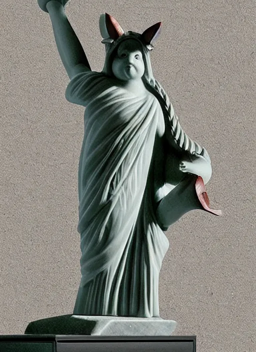 Image similar to A marble statue of a squirrel holding an acorn in the style of Statue of Liberty. museum photo