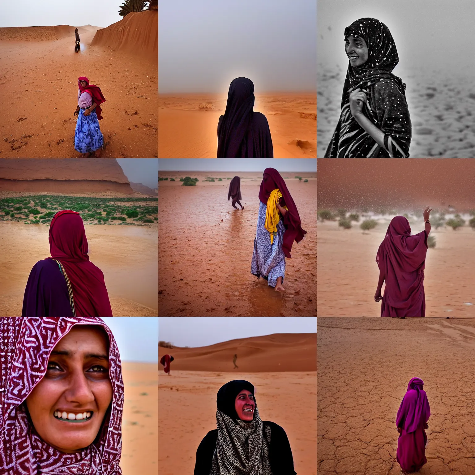 Prompt: heavy monsoon rain falling on a young bedouin woman in the sahara desert looking up excitedly who is looking up excitedly