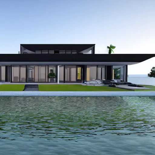 Image similar to a black modern mansion on an island by itself, award winning, 8k, ultra realistic,