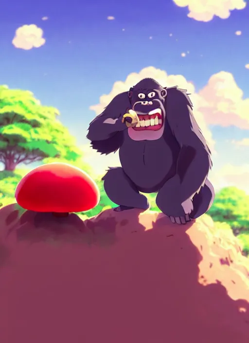 Image similar to wholesome cartoon anime gorilla holding a very small red mushroom, big smile on face, sunny sky background, lush landscape, illustration concept art anime key visual trending pixiv fanbox by wlop and greg rutkowski and makoto shinkai and studio ghibli and kyoto animation, symmetrical facial features,