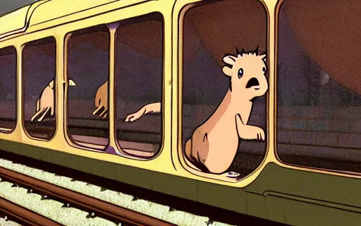 Image similar to a young girl and her pet capybara in a train, art by hayao miyazaki, studio ghibli film, hi res, 4k, high detail