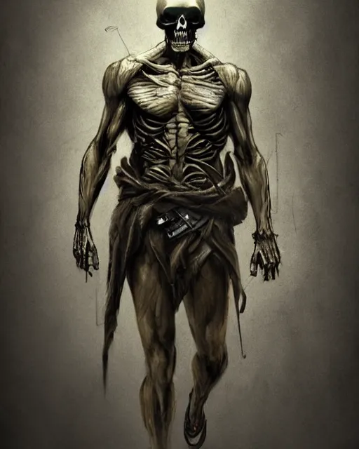 Prompt: rambo exposed to radiation and became skeleton, full body, concept art, high detailed, fine art, trending on artstation, smooth draw, sharp focus.