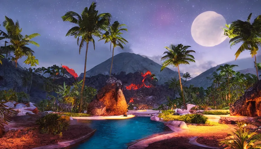 Image similar to volcano at night, moonlight, soothing lush landscape, detailed aqua lagoon, surrounded by crystal palm trees, unreal engine, realistic shading, realistic render, octane render, detailed textures, photorealistic, wide shot