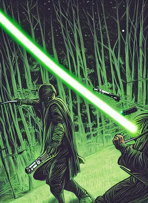 Image similar to lightsaber duel in a forest at night by Dan Mumford