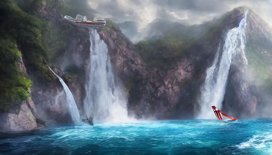 Prompt: Movie scene of a cruise ship falling from a waterfall, hyperdetailed, artstation, cgsociety, 8k