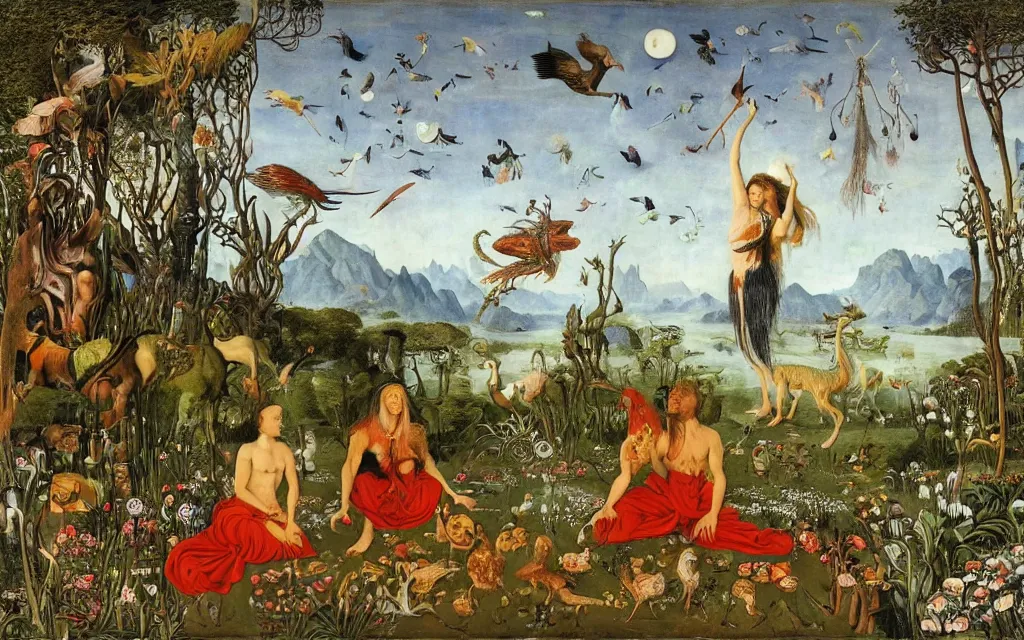 Prompt: a photograph of a meditating centaur shaman and a harpy mermaid feeding animals. surrounded by bulbous flowers, animals and a few trees. river delta with mountains and cliffs under a blue sky full of burning stars and birds. painted by jan van eyck, max ernst, ernst haeckel, ernst fuchs and artgerm. trending on artstation