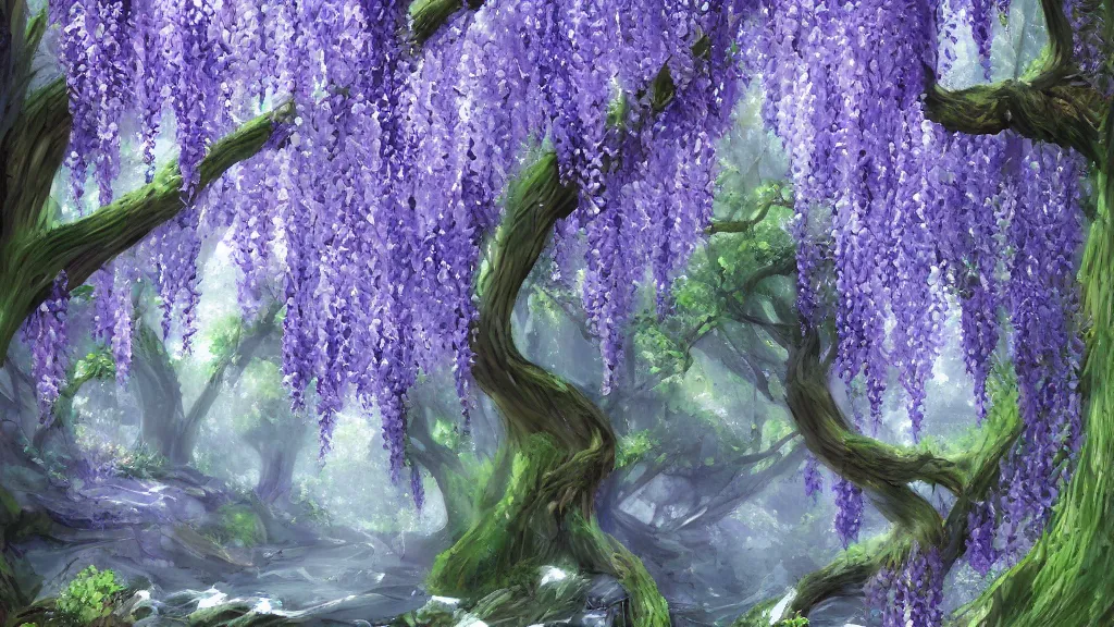 Image similar to wisteria forest with a narrow rocky purple river flowing through it. beautiful twisted old trees in full bloom. small ferns grow between the trees. digital painting. trending on artstation.