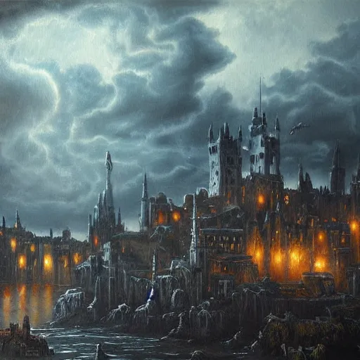 Image similar to stark oil painting medieval fantasy cityscape, foreboding, detailed, castle, stormy skies