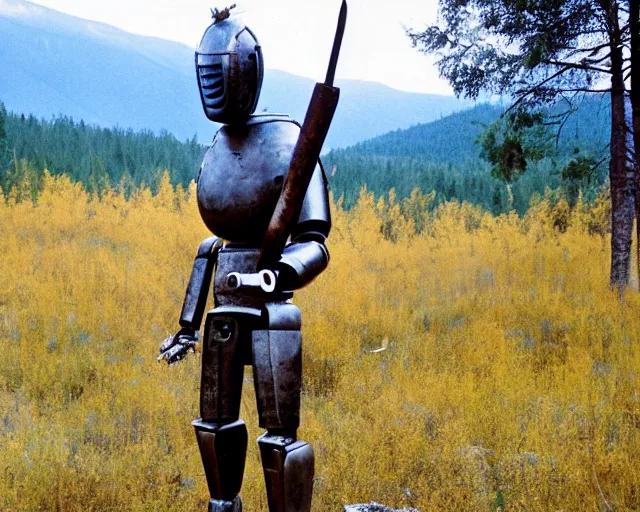 Image similar to middle shot, ancient greek robot warrior standing in front of altai forest with a sword, circa 1 9 8 4, detailed photo