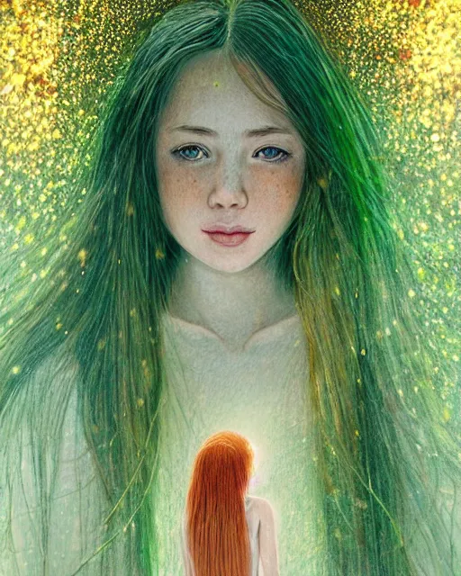 Prompt: infp girl, smiling, amazed by the lights of golden fireflies, amidst nature fully covered, long loose red hair, intricate linework, dreamy green eyes, small nose with freckles, oval shape face, realistic, expressive emotions, dramatic lights, spiritual scene, hyper realistic ultrafine art by battistello caracciolo, albert bierstadt and artgerm